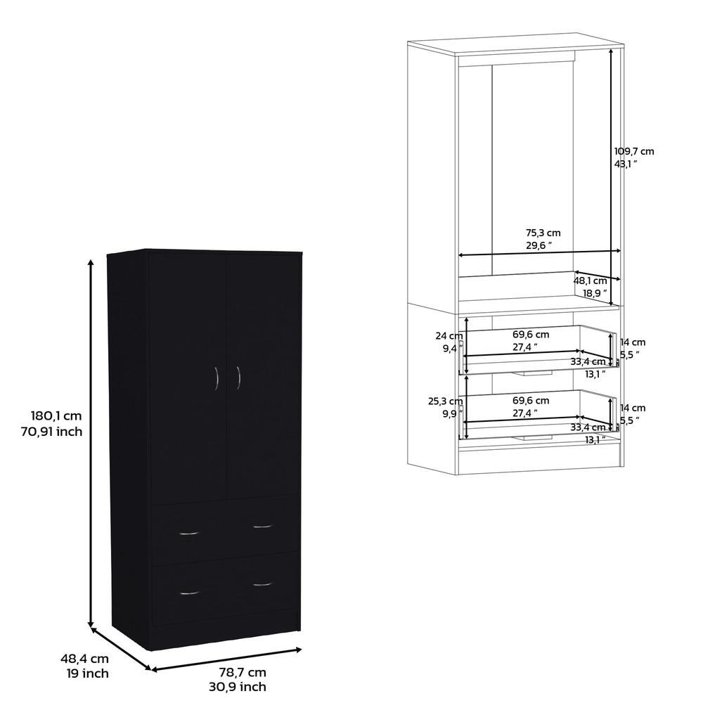 Silo 71" H Armoire with Two Doors, Two Drawers, and Hanging Rod,Black. Picture 5
