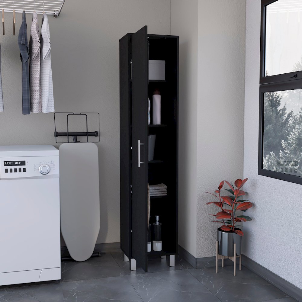 70.8H" Tall Narrow Storage Cabinet with 5-Tier Shelf, 3 Broom Hangers, Black. Picture 4