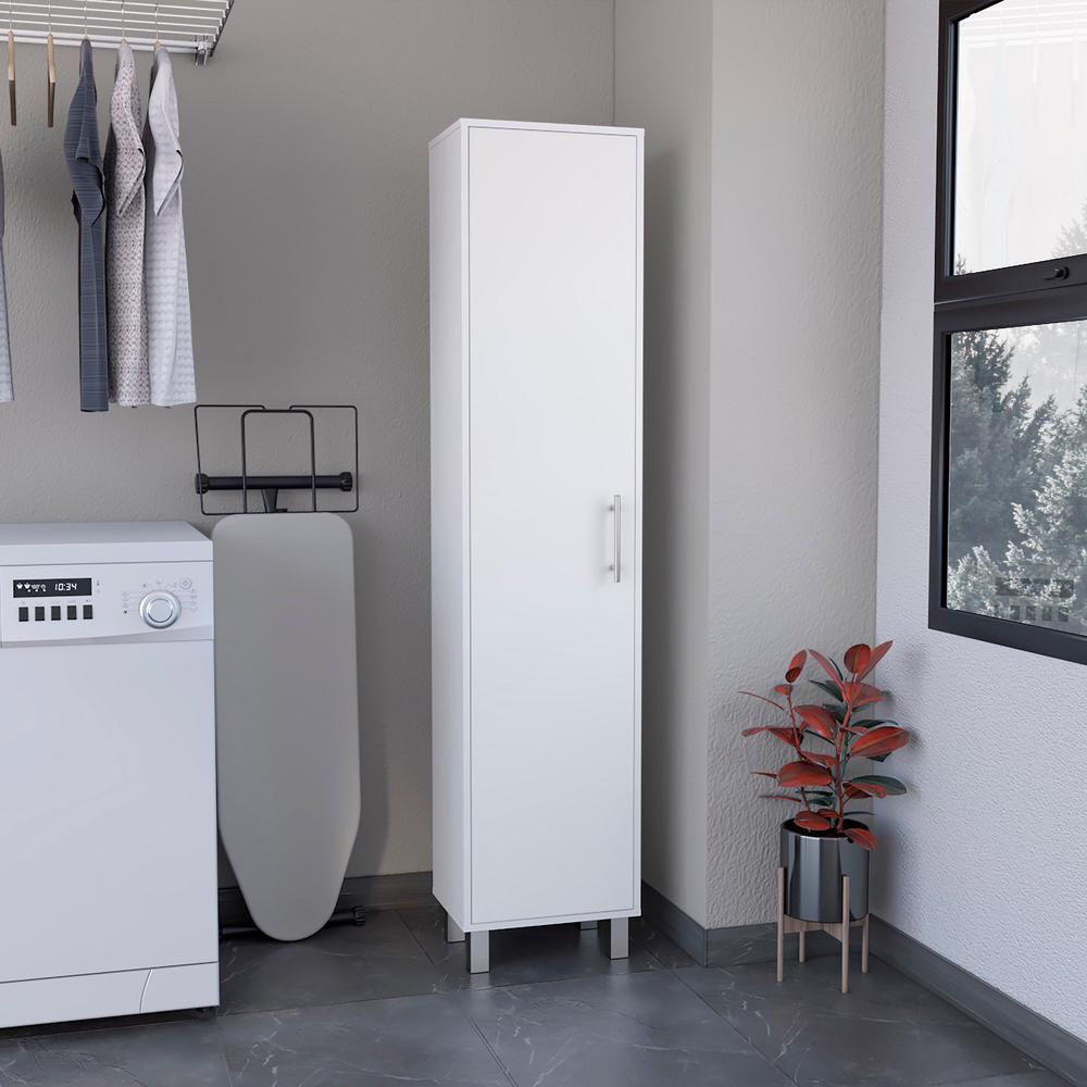 DEPOT E-SHOP Dryden Tall Narrow Storage Cabinet with 5-Tier Shelf and Broom Hangers, White. Picture 5