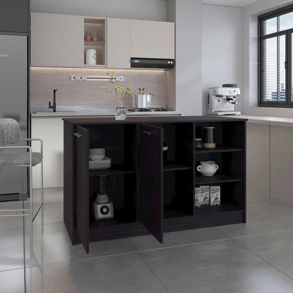 Mars Kitchen Island Two Cabinets, Three Open Shelves, Black Wengue. Picture 7