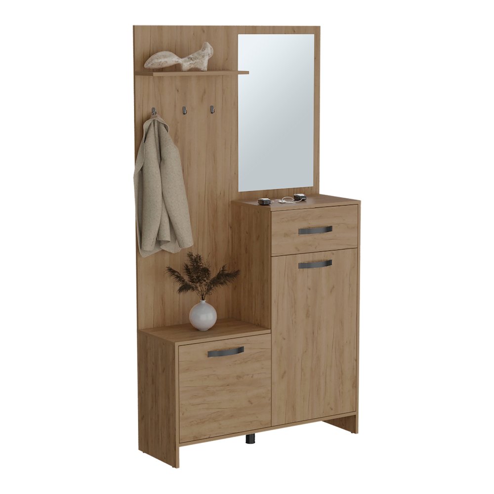 Olpe Hall Tree, 2 Doors, 1 Drawer, 1 Shelf, 1 Mirror, Natural Oak. Picture 3