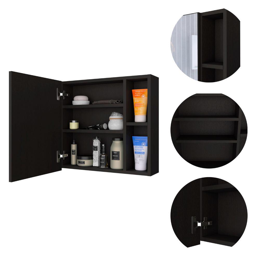 DEPOT E-SHOP Kazan Medicine Cabinet, Mirror, One-Door Cabinet, Two External Shelves, Three Internal Shelves-Black, For Living Room. Picture 4