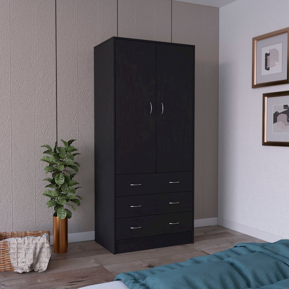 Armoire 71" H, with 2 doors, 3 drawers and 1 hanging rod, Black. Picture 4