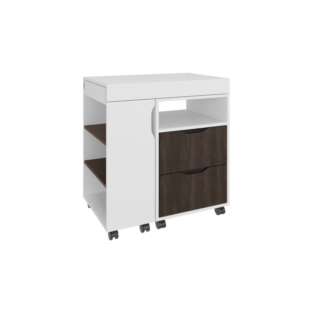 Odessa Extendable Desk, 2 Drawers, 4 Shelves, 4 Wheels, White/Walnut. Picture 4
