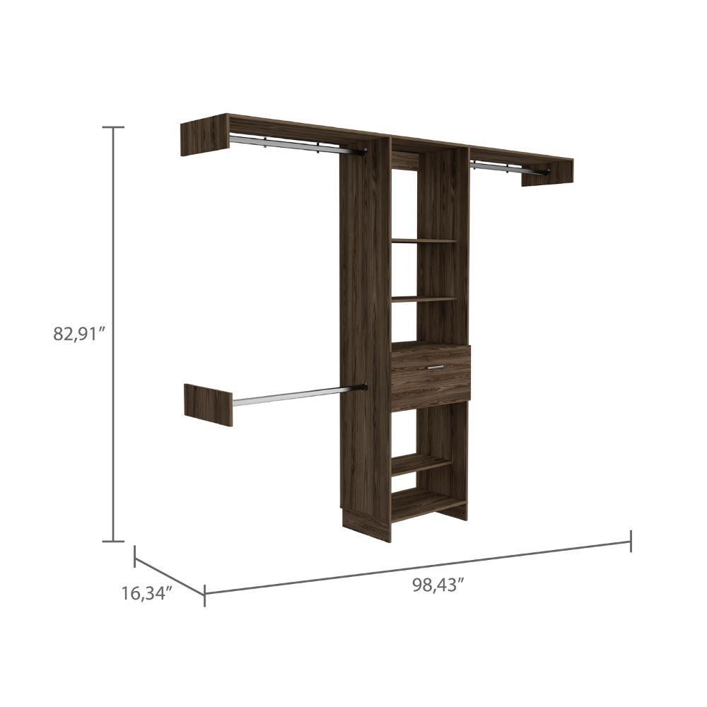DEPOT E-SHOP Brisk Closet System, One Drawer, Three Metal Rods, Five Open Shelves-Dark Walnut, For Bedroom. Picture 4