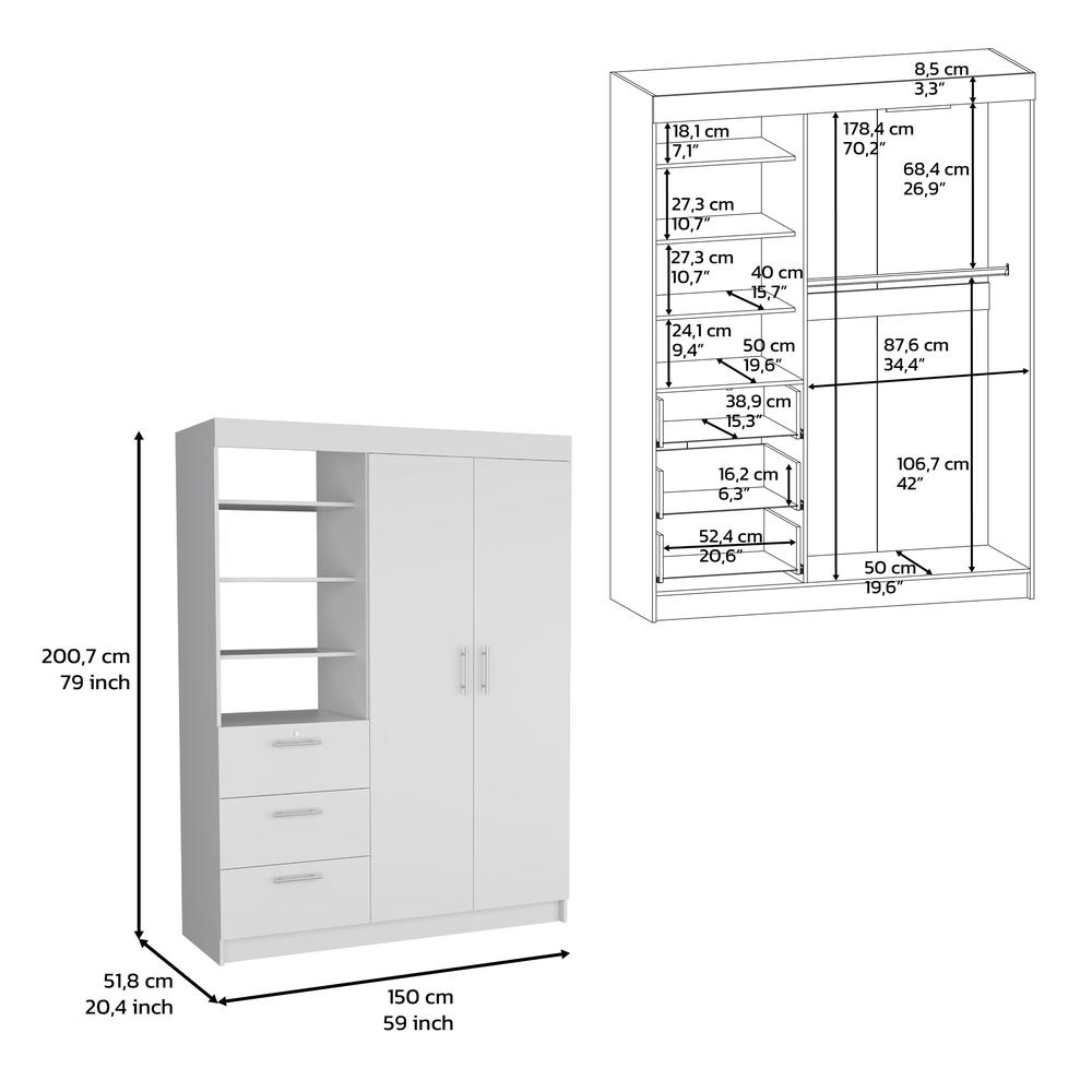 DEPOT E-SHOP Laurel 3-Tier Shelf and Drawers Armoire with Metal Handles, White. Picture 3