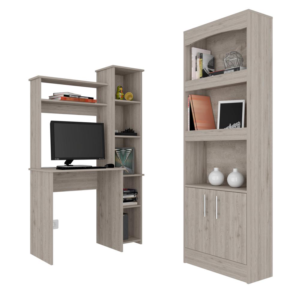 Detroit 2 Piece Office Set, Dozza Bookcase + Aramis Desk, Light Gray. Picture 1