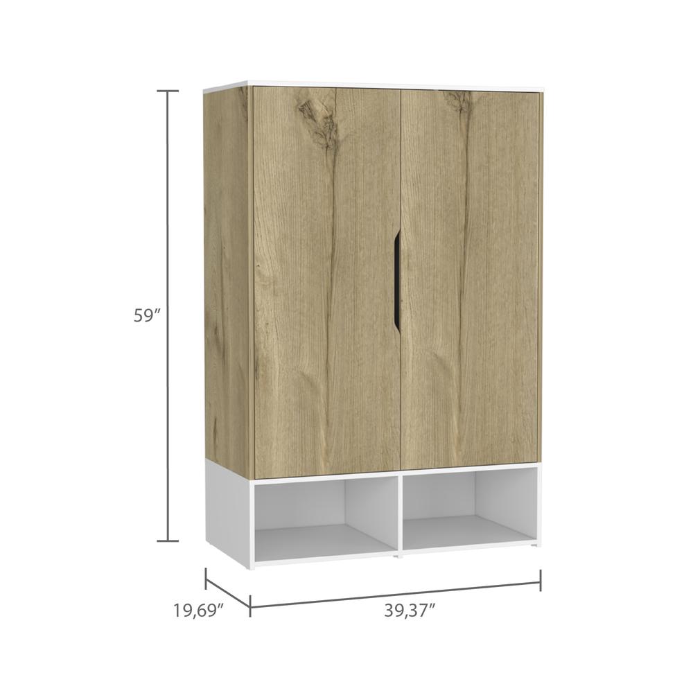 DEPOT E-SHOP Bamboo Armoire-Two Doors, Five Shelves, Hanging Rod, Two Open Shelves-Light Oak/White, For Bedroom. Picture 3