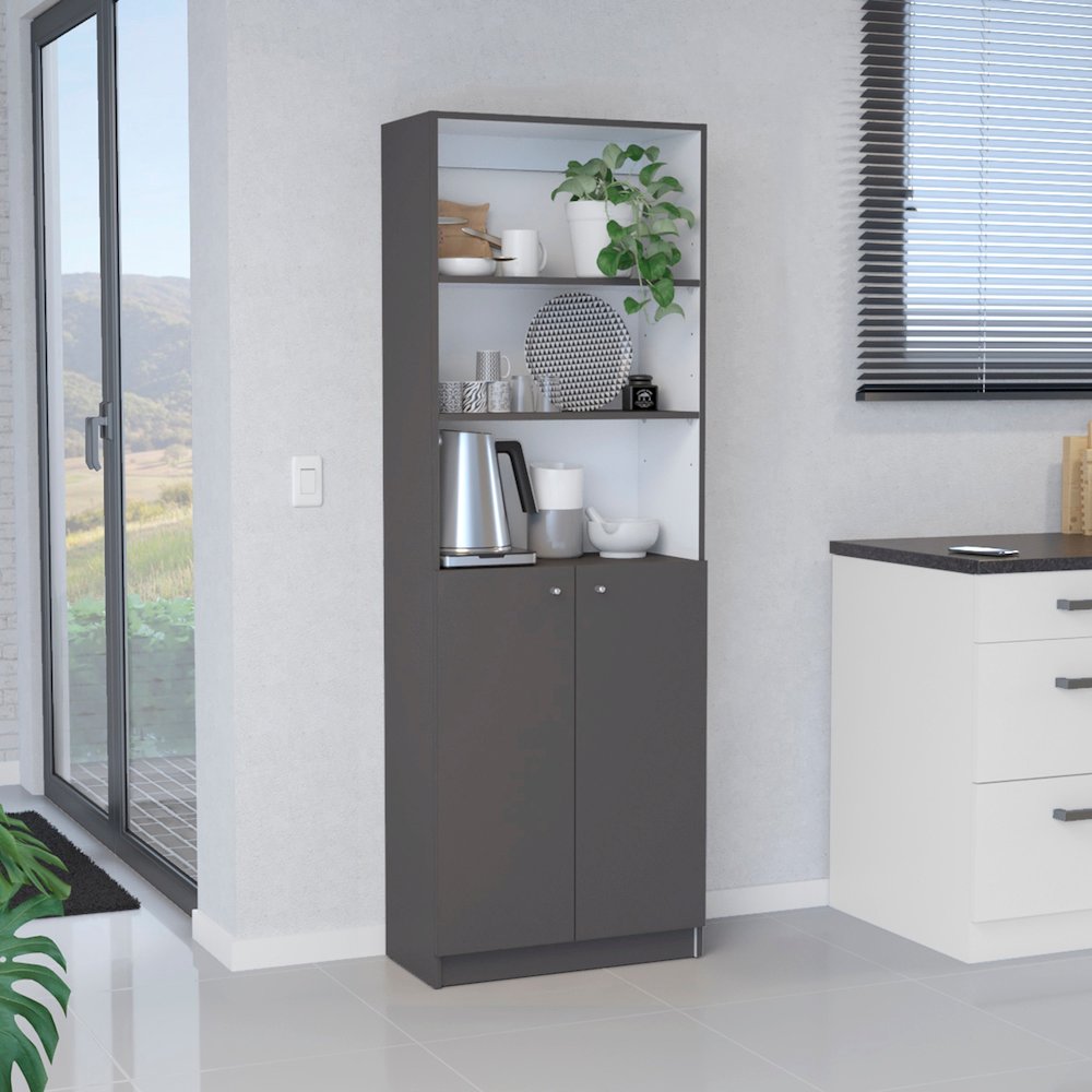 Vinton 2-Door Bookcase with Upper Shelves, Matt Gray / White -Office. Picture 6