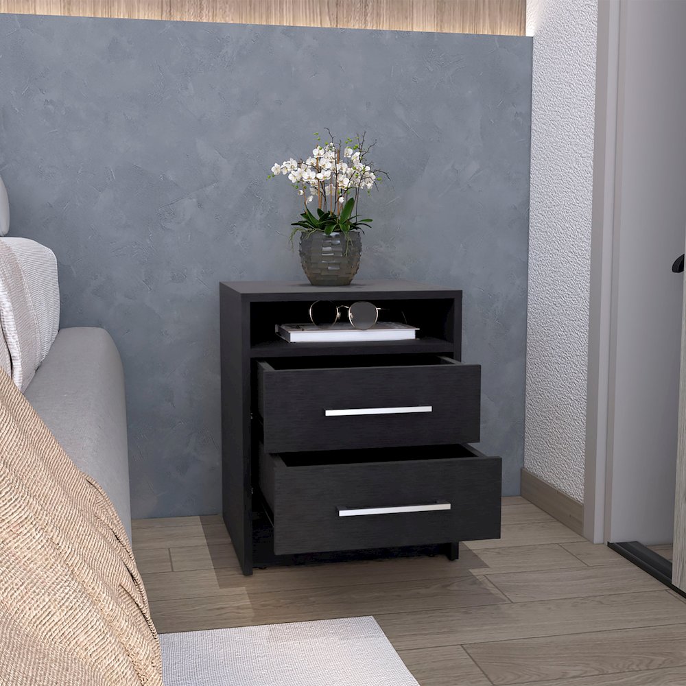 Leyva Nightstand with 2 Drawers and 1 Shelf, Black. Picture 7
