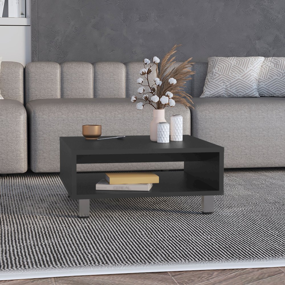 Chiniak Coffee Table, 1 shelf, 4 legs, Black. Picture 6