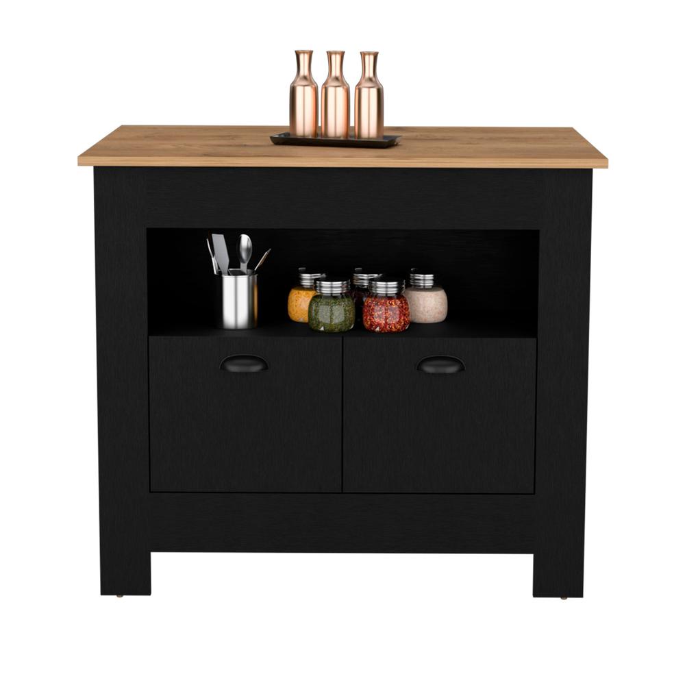 Floyd 35" H Kitchen Island, whit  2 doors, 3 shelves, Black/Macadamia,. Picture 3