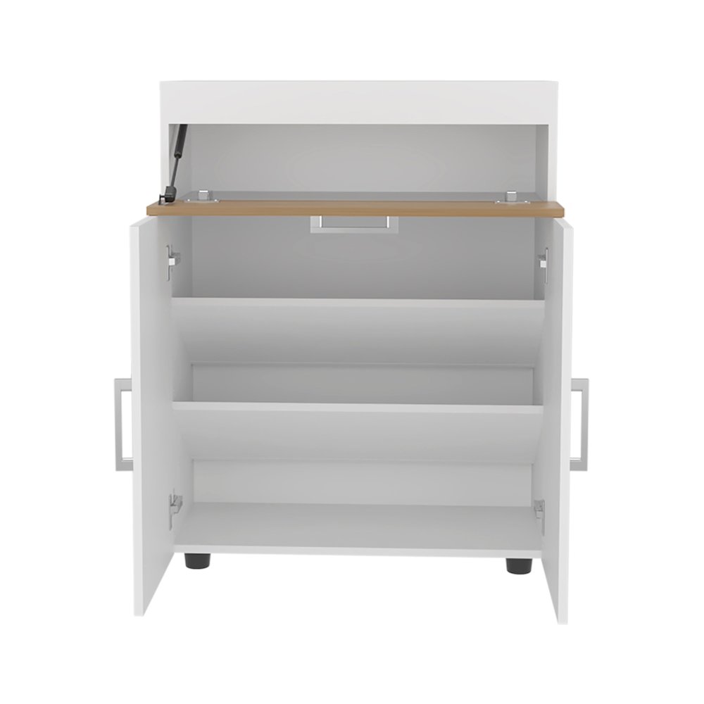 Ubly Shoe Rack, 3 Doors, 3 Shelves, 4 Legs, White / Natural Oak. Picture 2