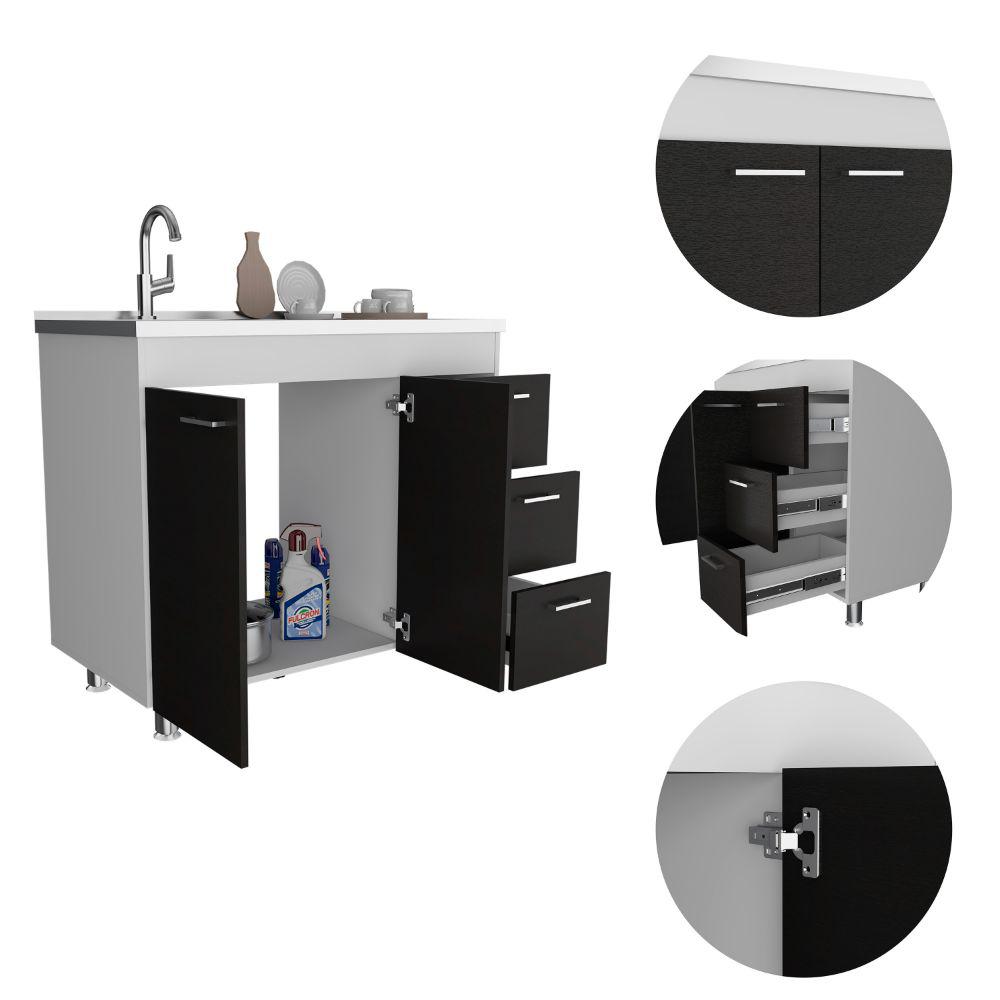 DEPOT E-SHOP Rushville Base Cabinet, Three Drawers, Two-Door Cabinet, Countertop, Four Legs-White-Black, For Kitchen. Picture 3