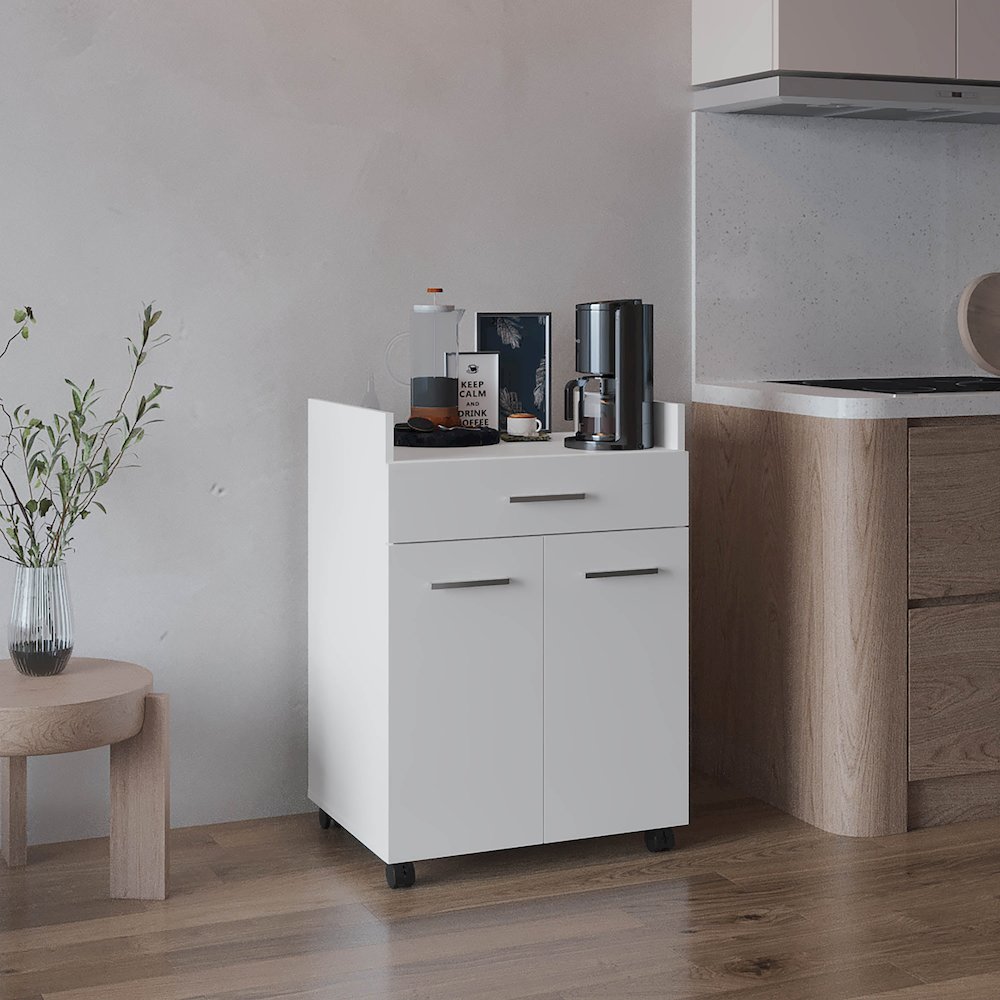 Epps Kitchen Cart, 2 Doors, 1 Drawer, 4 Wheels, 2 Shelves, White. Picture 7