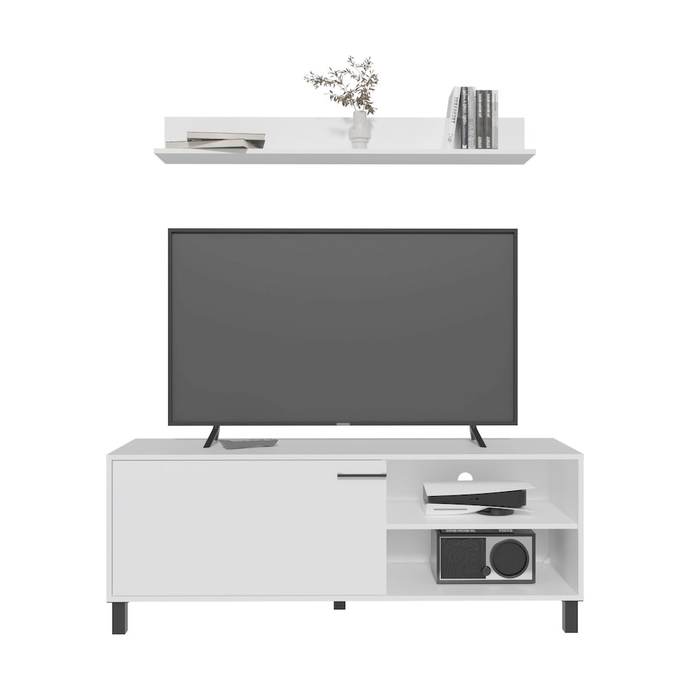 Novi Living Room Set, Tv Stand + Wall Shelf, 1 Door, 3 Shelves, White. Picture 4