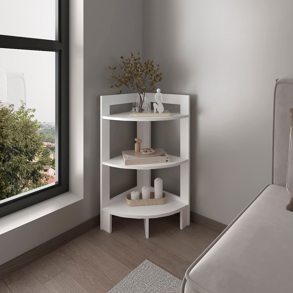 Akutan Side Table with 3 Shelves, 3 Legs, White. Picture 5