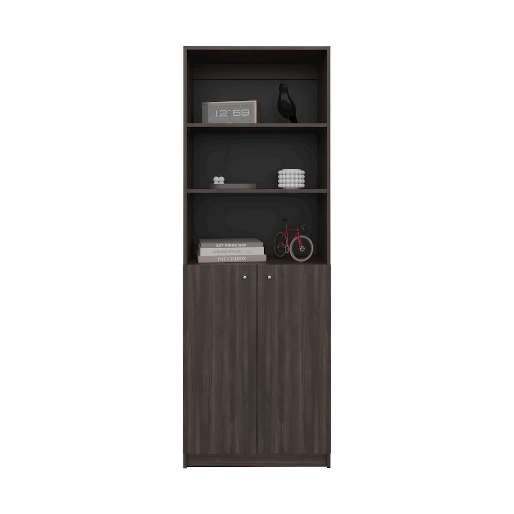 Vinton 2-Door Bookcase with Upper Shelves, Dark Walnut / Black Wengue. Picture 1