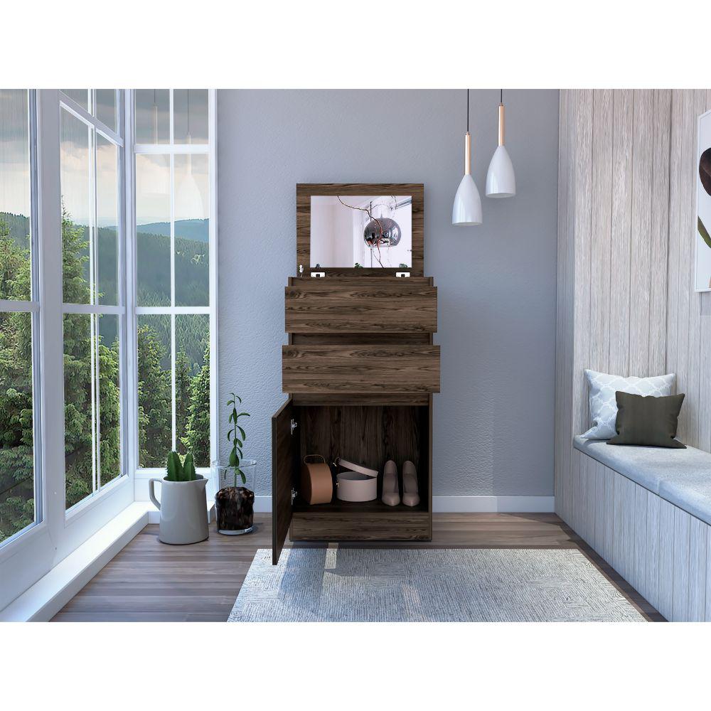 DEPOT E-SHOP Diamond Dresser, Jewelry Box, Mirror, One-Door Cabinet, Two Drawers-Dark Walnut, For Bedroom. Picture 1