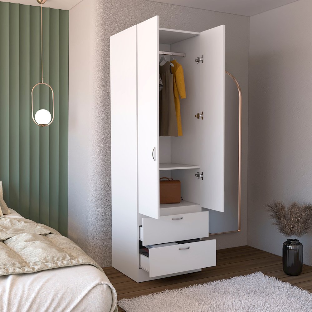Armoire Wardrove 76" H, Hanging Rod, 2 Drawers, 1 Shelf, White. Picture 5