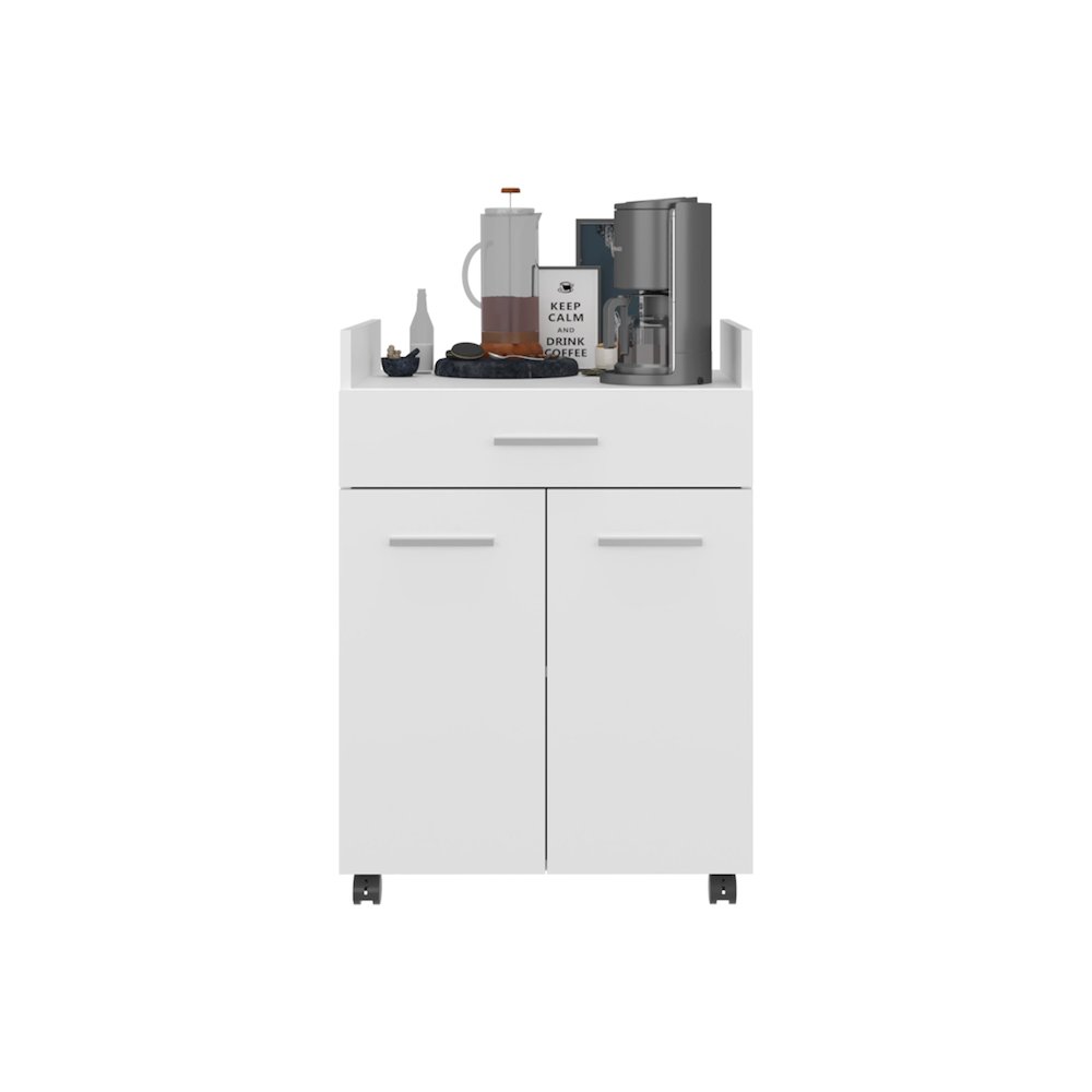 Epps Kitchen Cart, 2 Doors, 1 Drawer, 4 Wheels, 2 Shelves, White. Picture 4