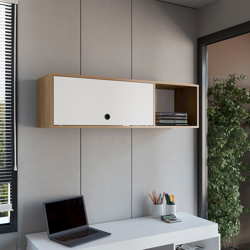 Somerset Wall Cabinet, 1 Door, 3 Shelves, Natural Oak / White. Picture 6