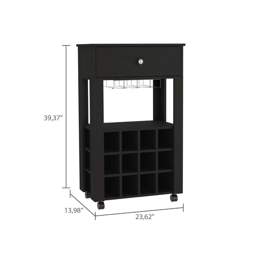 DEPOT E-SHOP Margh Bar Cart, Twelve Wine Cubbies, Four Legs, One Open Shelf, Countertop- Black, For Kitchen. Picture 4