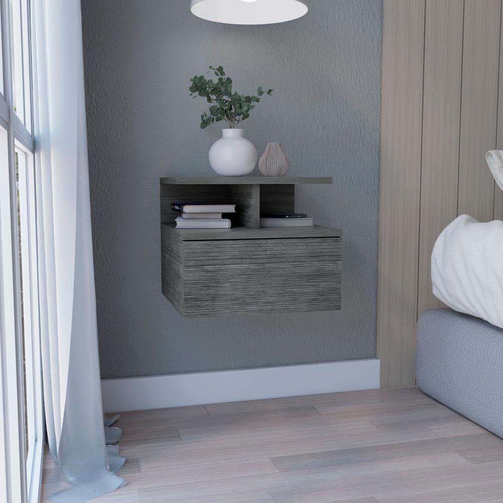 Nightstand, Wall Mounted Single Drawer and 2-Tier Shelf, Smokey Oak -Bedroom. Picture 5