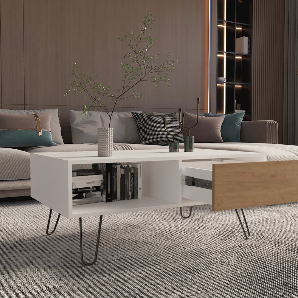 Ranlo Coffee Table, 1 Drawer, 1 Shelf, White / Natural Oak. Picture 7