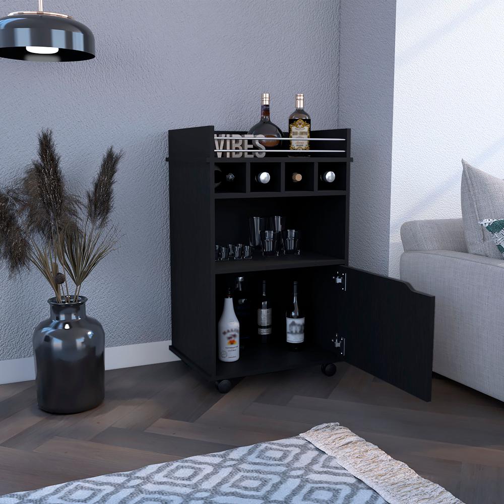 Sims 35" H Bar Cart with Two Shelves four Wine Cubbies and One Cabinet,Black. Picture 7