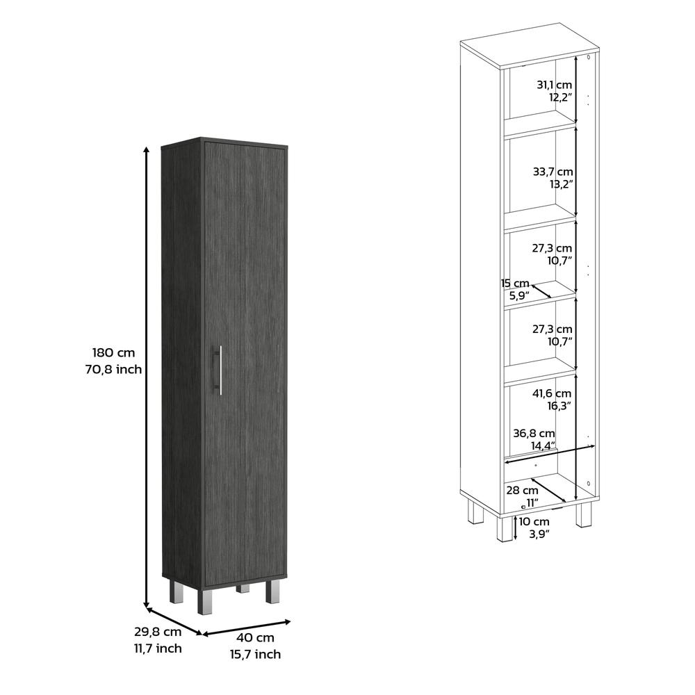 Narrow Storage Cabinet with 5-Tier Shelf and Broom Hangers, Smokey Oak -Garage. Picture 7