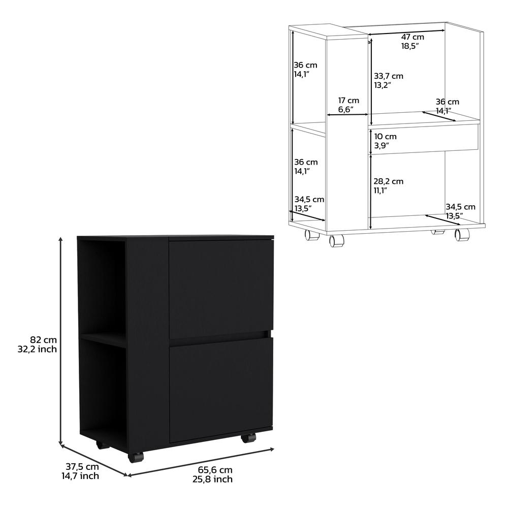 Tully Bar Cart Two Pull-Down Door Cabinets and Two Open Shelves,Black. Picture 5