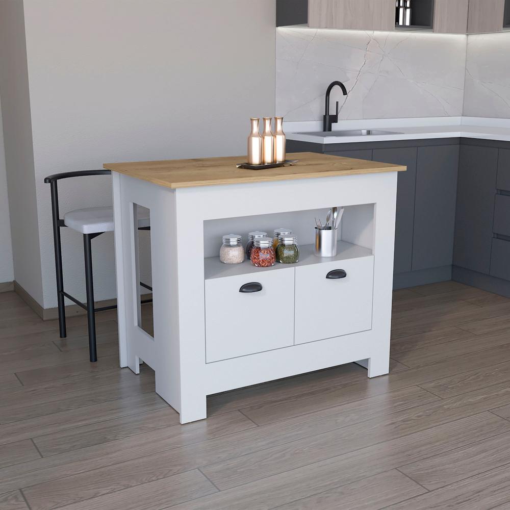 Floyd 35" H Kitchen Island, whit  2 doors, 3 shelves, White/Macadamia. Picture 6