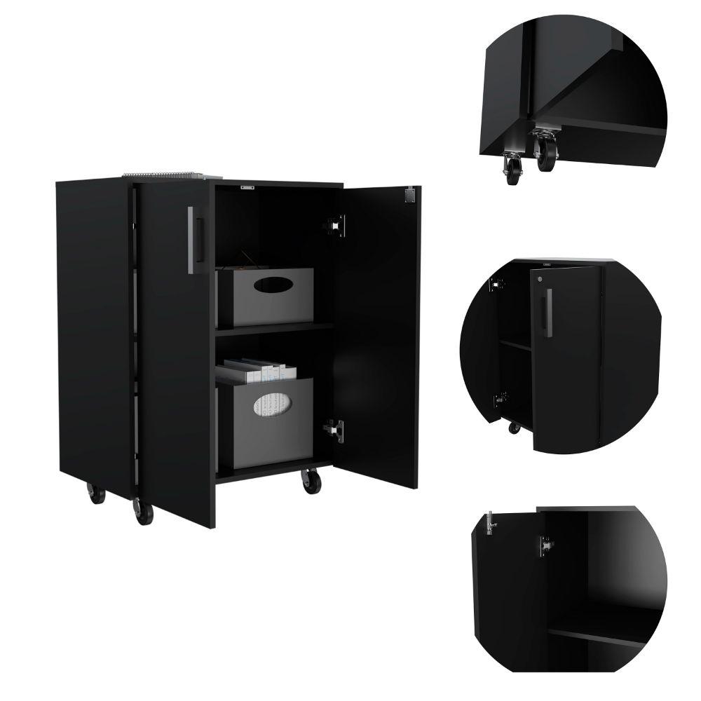 DEPOT E-SHOP Hartford Storage Cabinet, Two-Door Cabinet, Two Internal Shelves, Caster Wheels, Padlock With Key-Black, For Garage. Picture 3