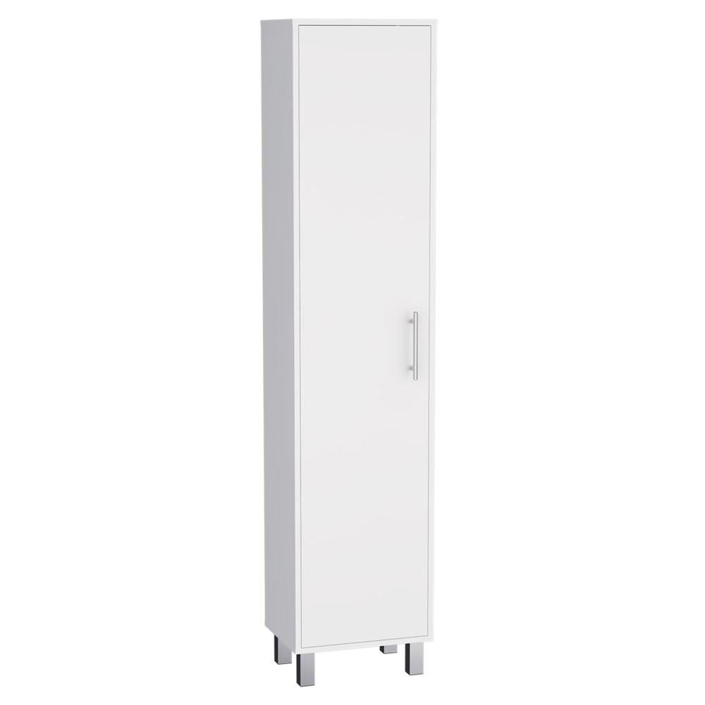 DEPOT E-SHOP Dryden Tall Narrow Storage Cabinet with 5-Tier Shelf and Broom Hangers, White. Picture 1