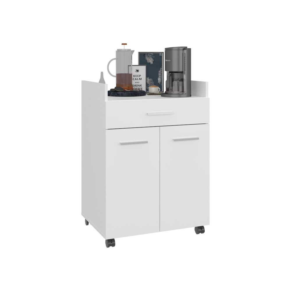Epps Kitchen Cart, 2 Doors, 1 Drawer, 4 Wheels, 2 Shelves, White. Picture 3