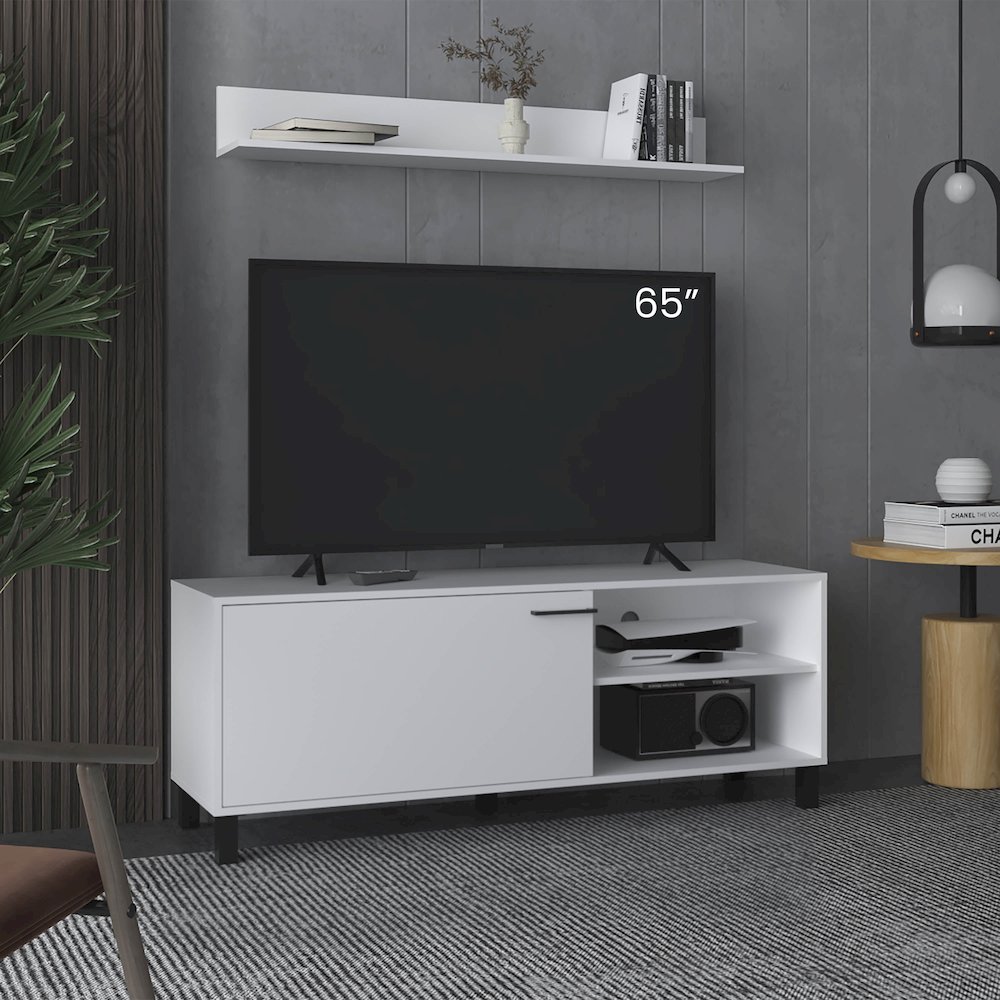Novi Living Room Set, Tv Stand + Wall Shelf, 1 Door, 3 Shelves, White. Picture 7
