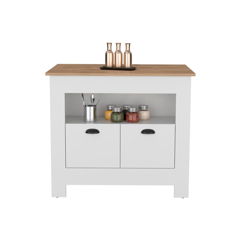 Floyd 35" H Kitchen Island, whit  2 doors, 3 shelves, White/Macadamia. Picture 3