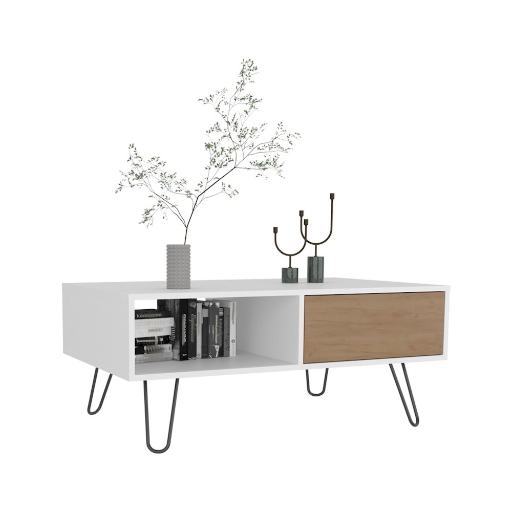 Ranlo Coffee Table, 1 Drawer, 1 Shelf, White / Natural Oak. Picture 4