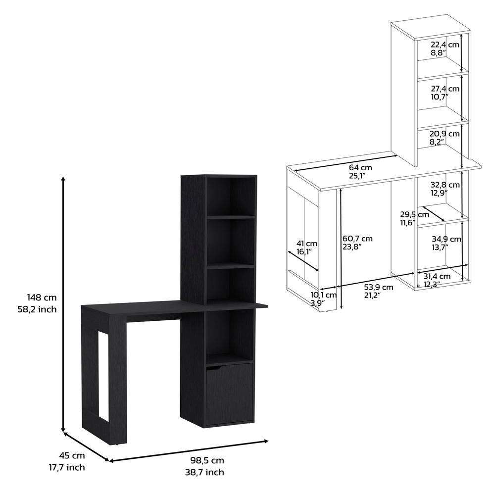 Ripley Writing Desk With Bookcase and Cabinet, Black. Picture 3