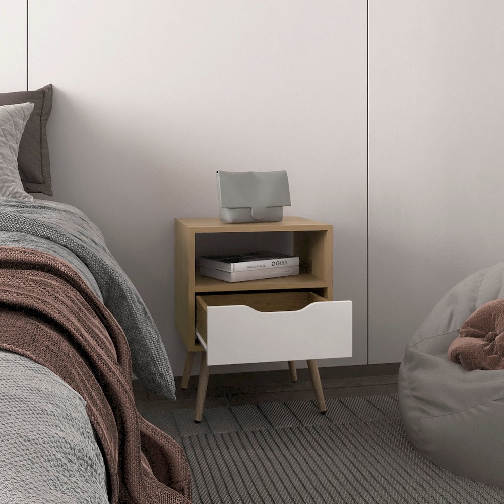 Speers Nightstand, 1 Drawer, 1 Shelf, Natural Oak / White. Picture 7