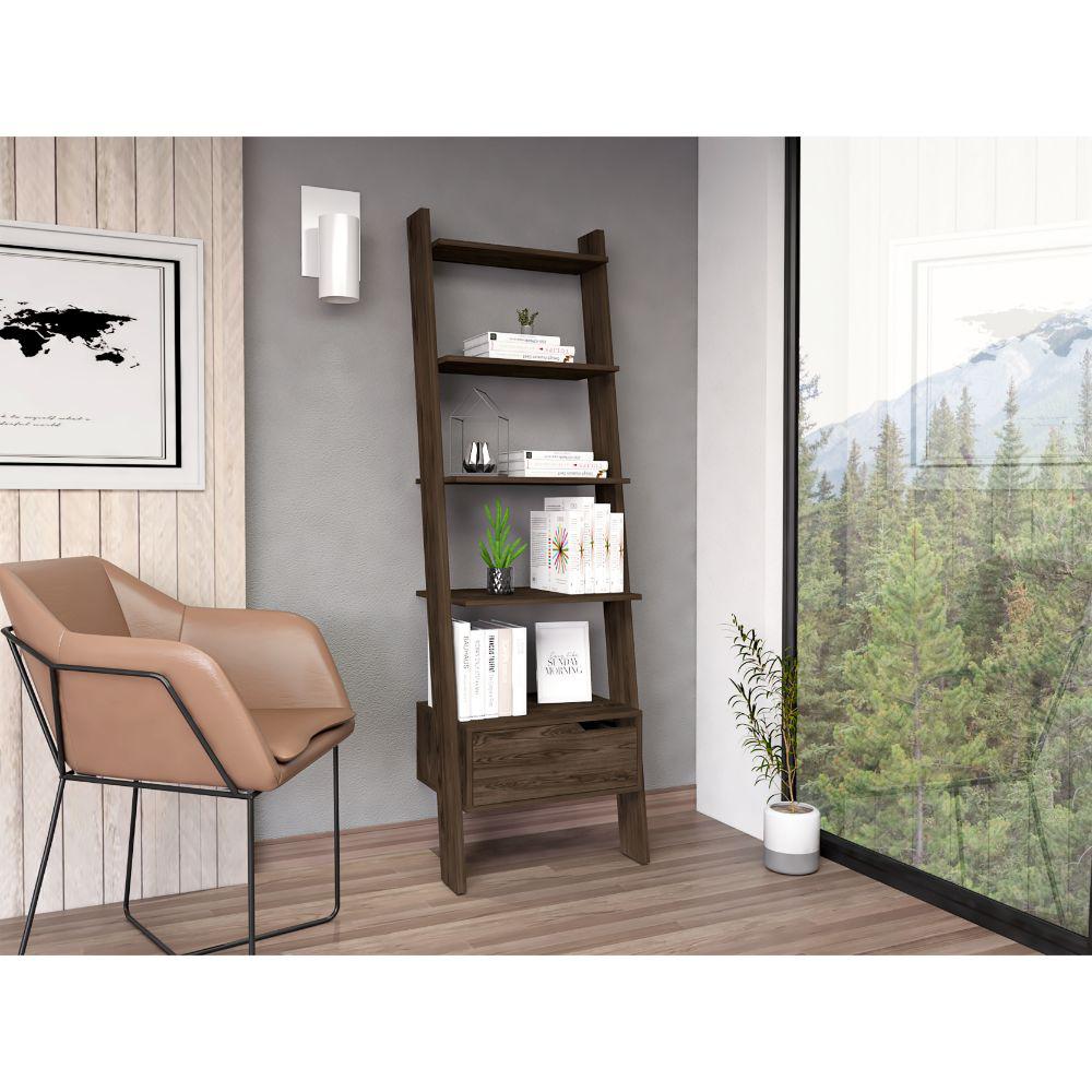DEPOT E-SHOP Kobe Ladder Bookcase, One Drawer, Five Open Shelves, Four Legs- Dark Walnut, For Living Room. Picture 2