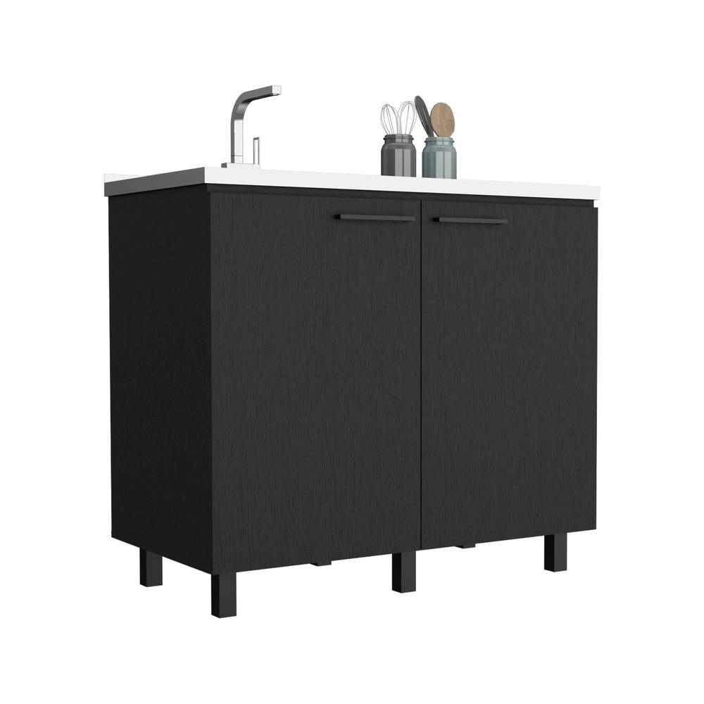 DEPOT E-SHOP Salento 2 Freestanding Utility Base Cabinet with Stainless Steel Countertop and 2-Door, Black. Picture 3