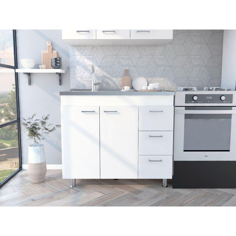 DEPOT E-SHOP Rushville Base Cabinet, Three Drawers, Two-Door Cabinet, Countertop, Four Legs-White, For Kitchen. Picture 1