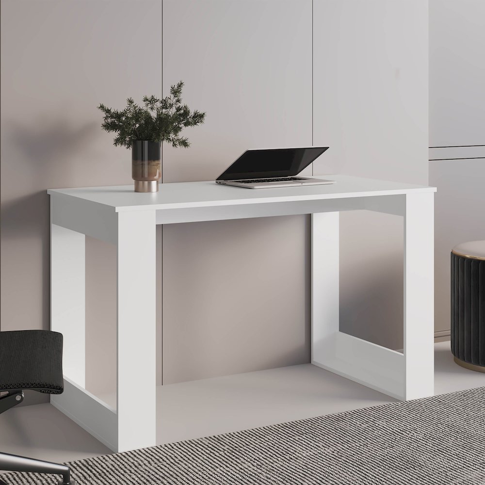 Melb Writing Desk with Ample Workstation and Sturdy Legs, White. Picture 5