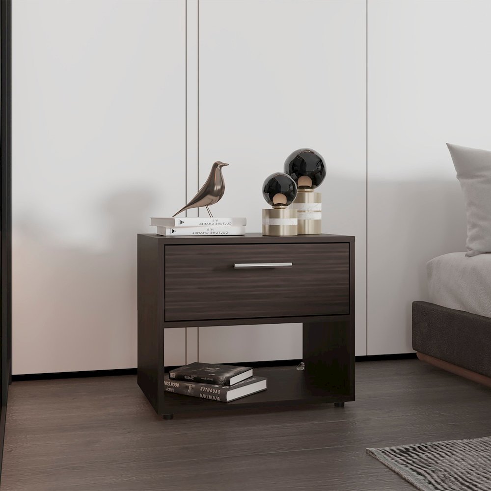 Noxen Nightstand, 1 Drawer, 1 Shelf, 4 Legs, Walnut. Picture 6