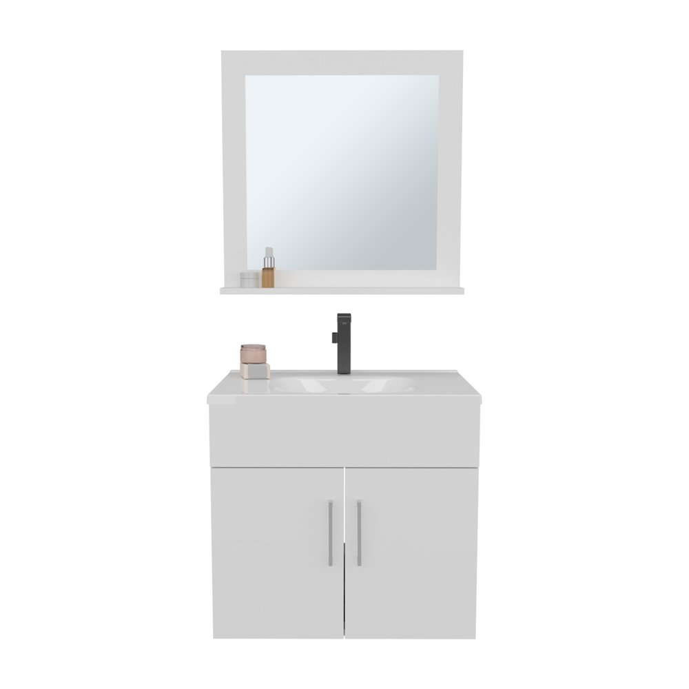 Jette Bathroom Set, Vanity Sink + Mirror, 2 Doors, 1 Shelf, 1 Mirror, White. Picture 1