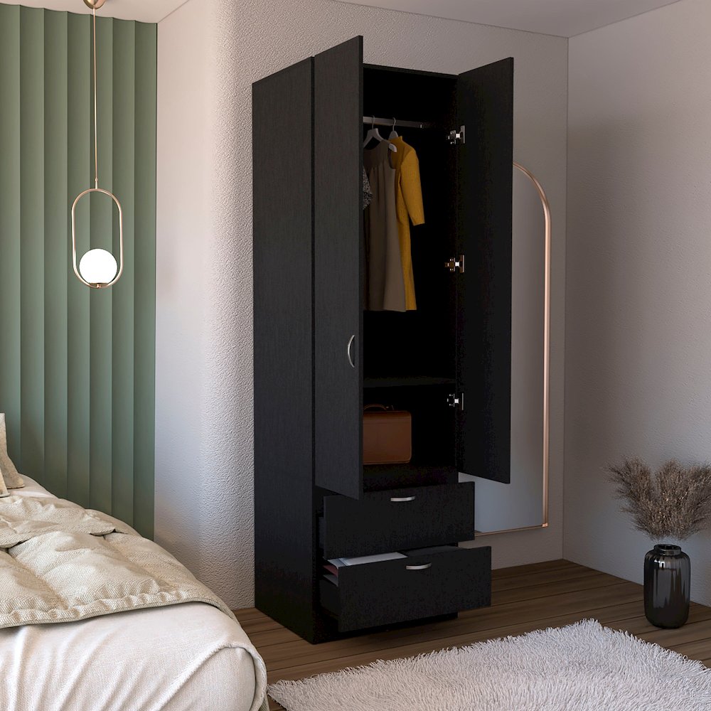 Armoire Wardrove 76" H, Hanging Rod, 2 Drawers, 1 Shelf, Black. Picture 5