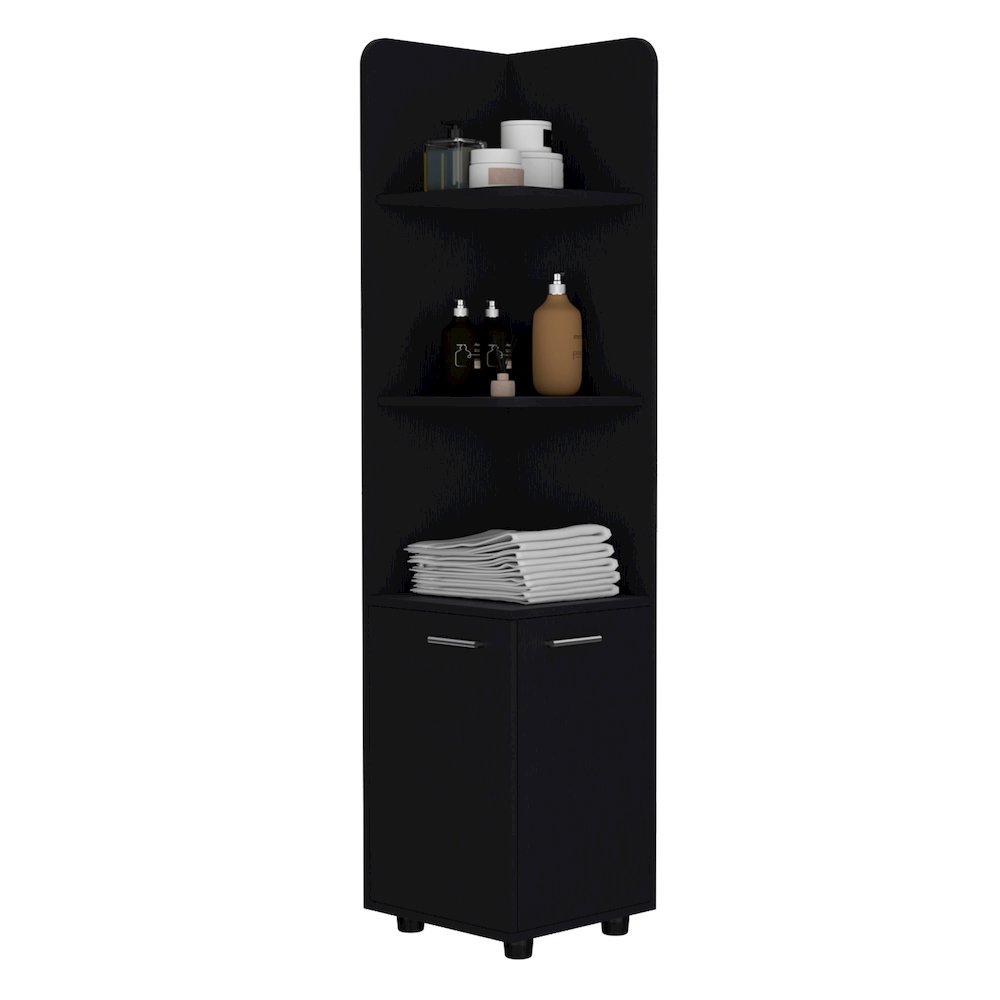 62H" Tall Corner Cabinet with 3-Tier Shelf and 2-Door, Black. Picture 1