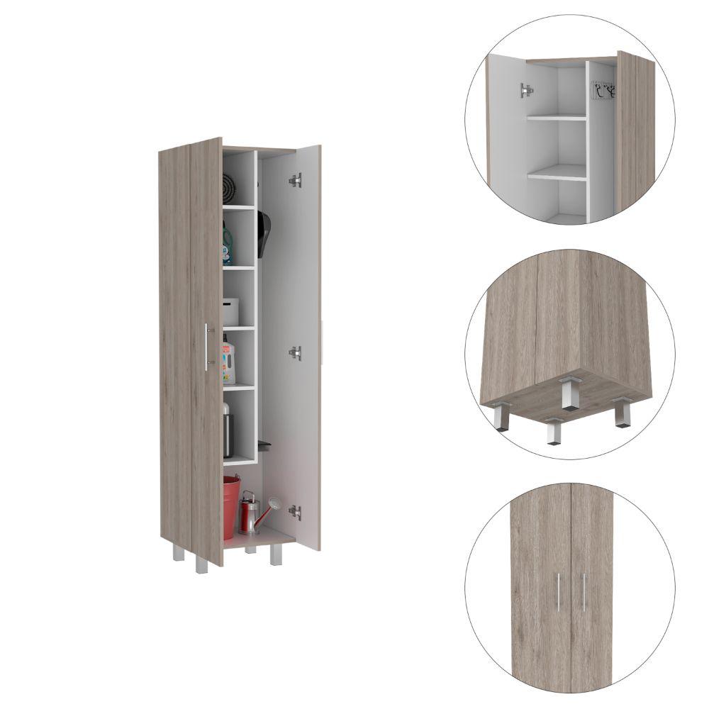 DEPOT E-SHOP Bacoa Cleaning Cabinet, Five Shelves, Two-Door Cabinet, Four Legs- Light Grey/White. For Kitchen Room. Picture 3